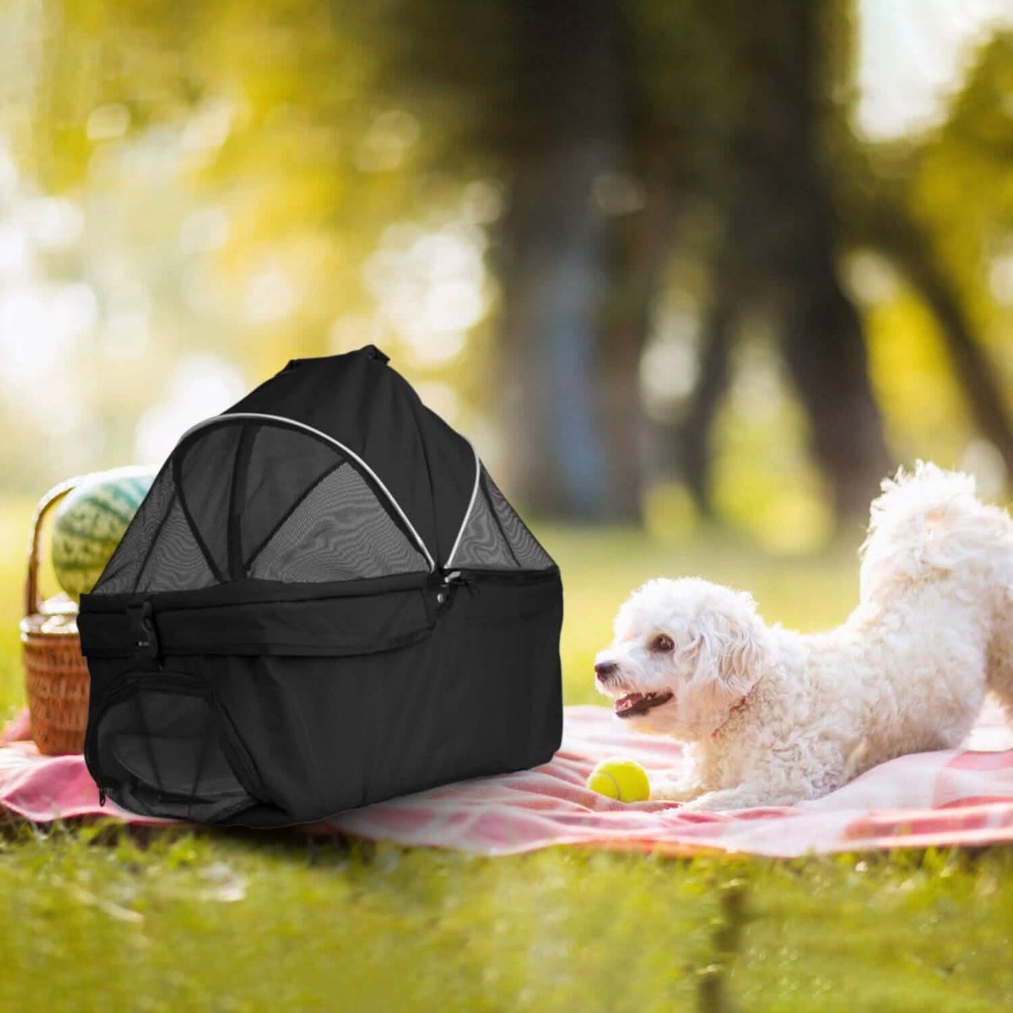 4 Wheels Pet Stroller Foldable with Removable Liner Storage Basket