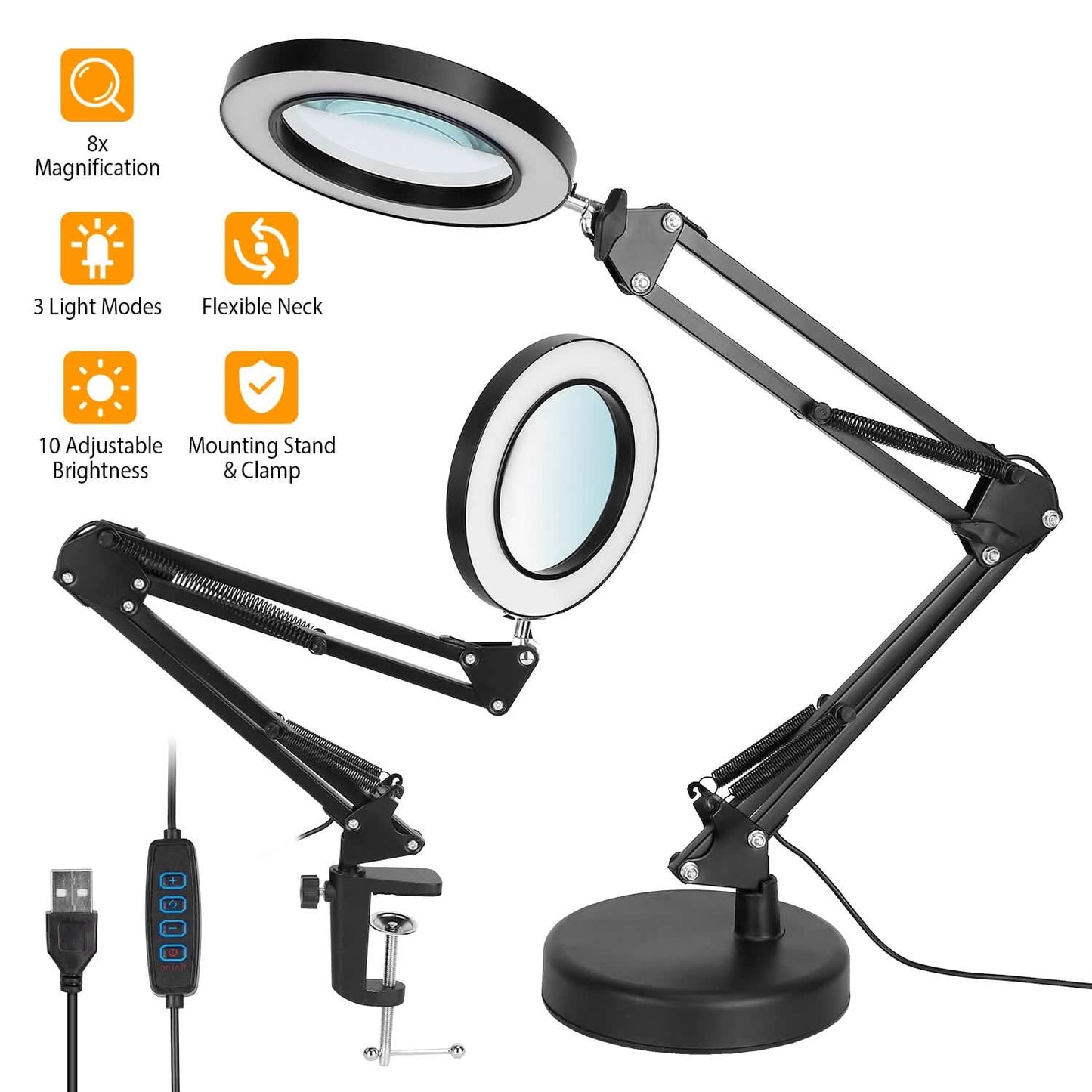 2-in-1 LED Magnifier Desk Lamp with 8x Magnifying Glass