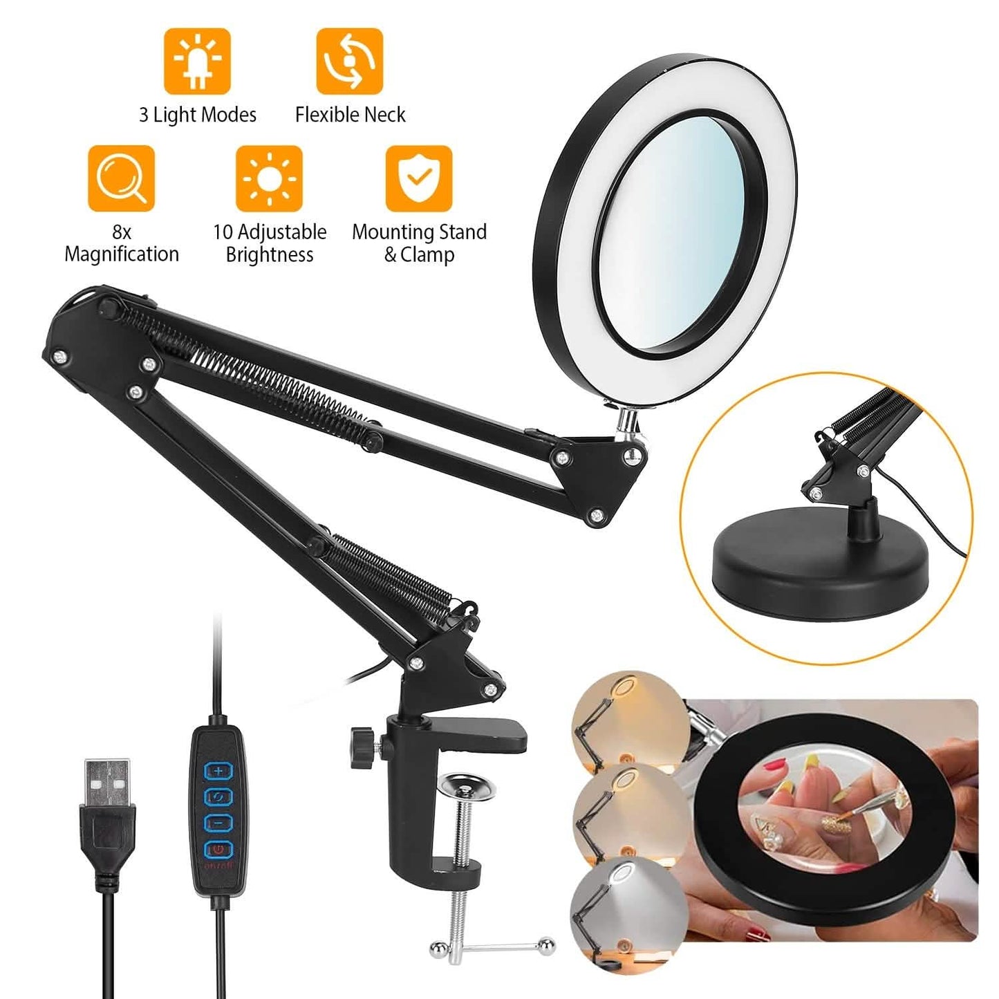 2-in-1 LED Magnifier Desk Lamp with 8x Magnifying Glass