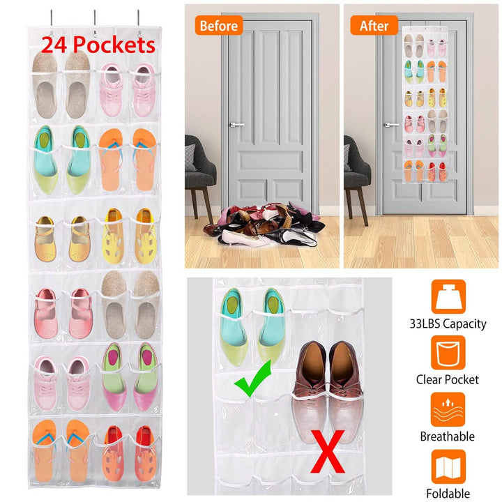 24-Pocket: Over the Door Shoes Rack Crystal Clear Organizer