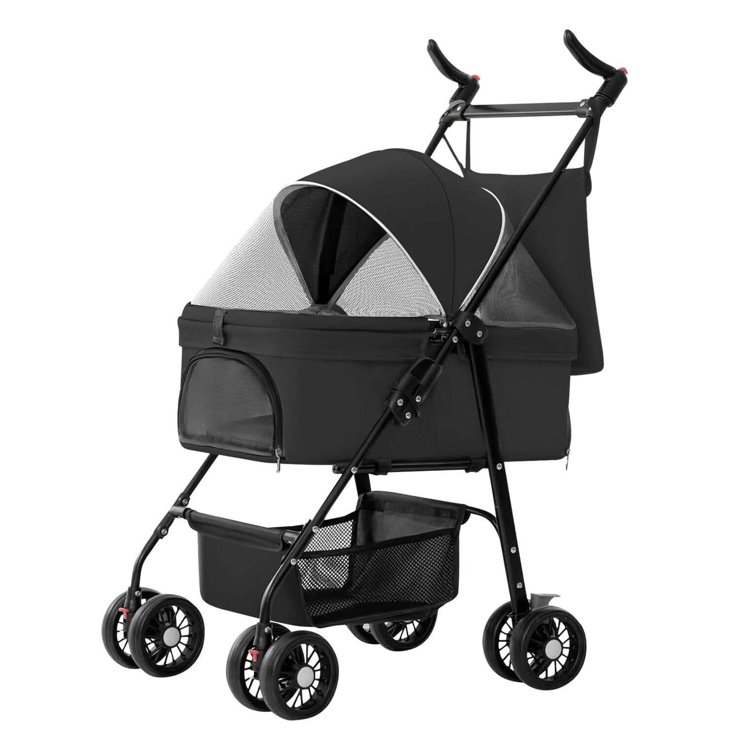 4 Wheels Pet Stroller Foldable with Removable Liner Storage Basket