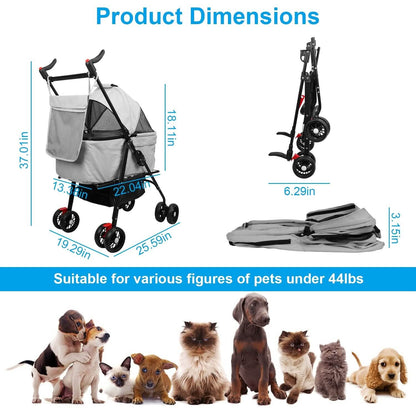 4 Wheels Pet Stroller Foldable with Removable Liner Storage Basket