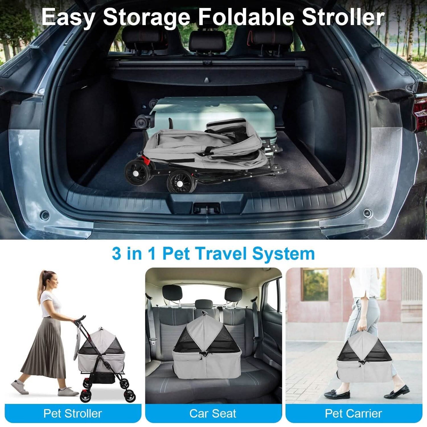 4 Wheels Pet Stroller Foldable with Removable Liner Storage Basket