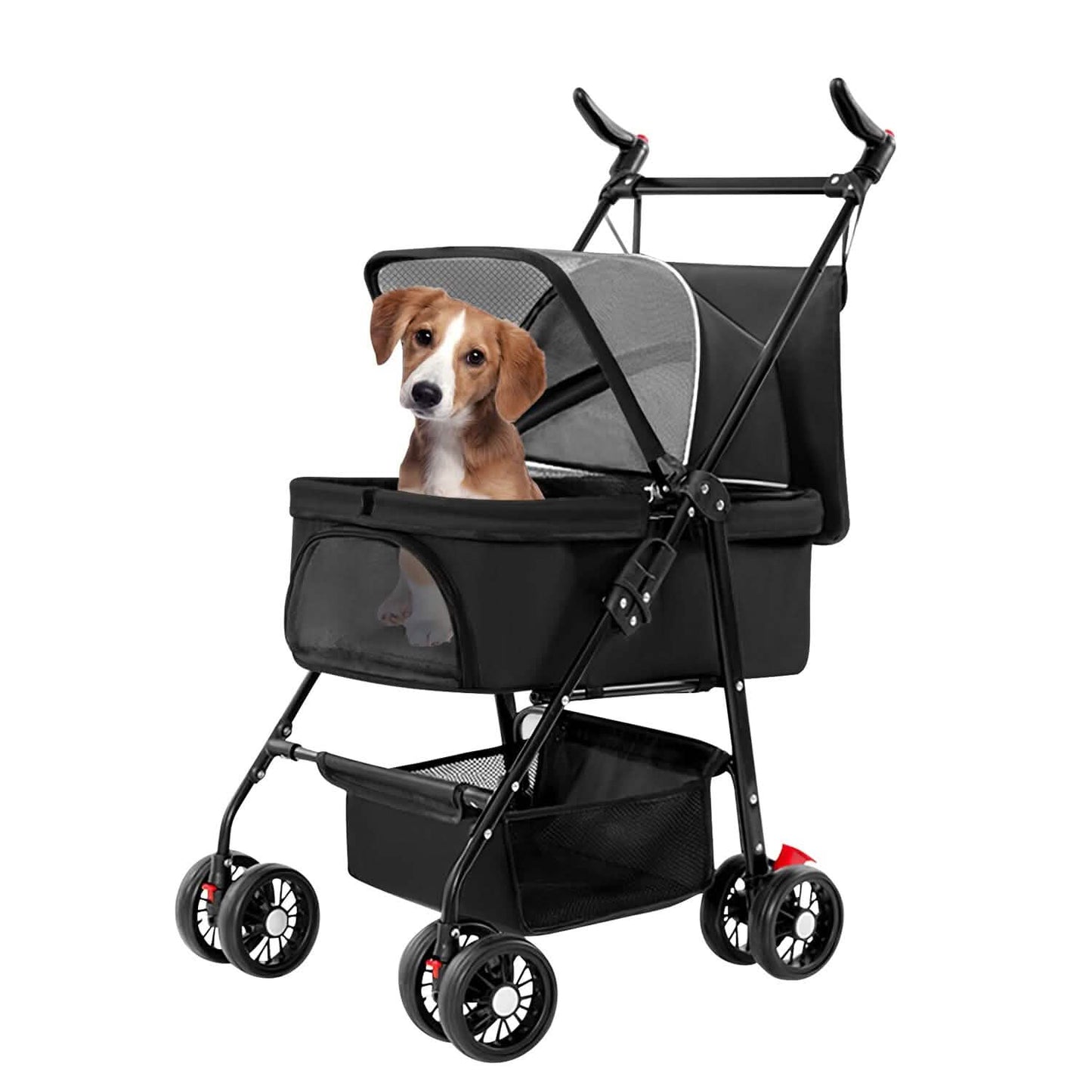 4 Wheels Pet Stroller Foldable with Removable Liner Storage Basket