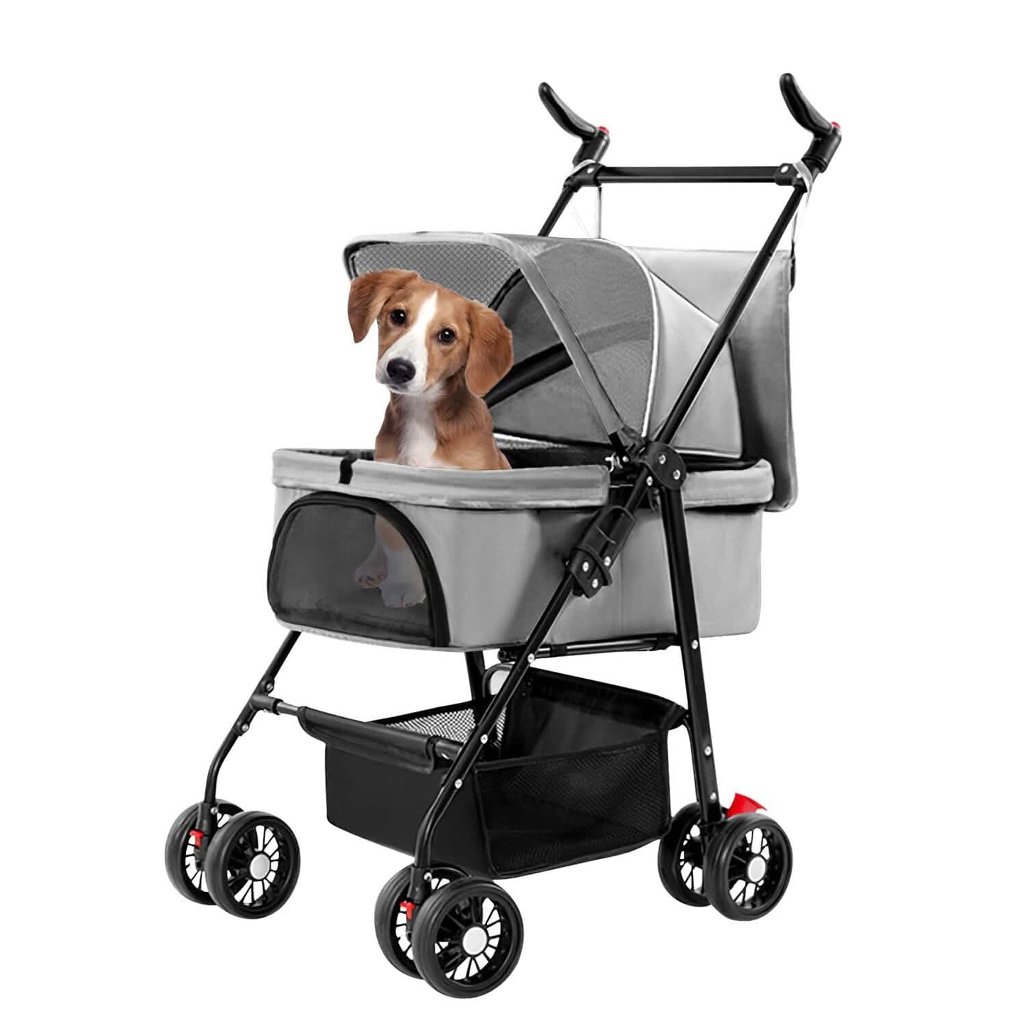 4 Wheels Pet Stroller Foldable with Removable Liner Storage Basket