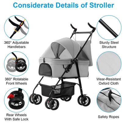 4 Wheels Pet Stroller Foldable with Removable Liner Storage Basket