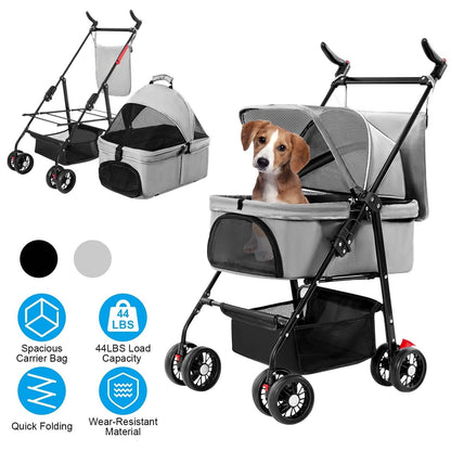 4 Wheels Pet Stroller Foldable with Removable Liner Storage Basket