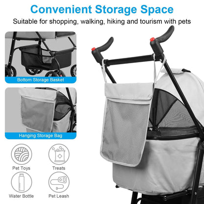 4 Wheels Pet Stroller Foldable with Removable Liner Storage Basket