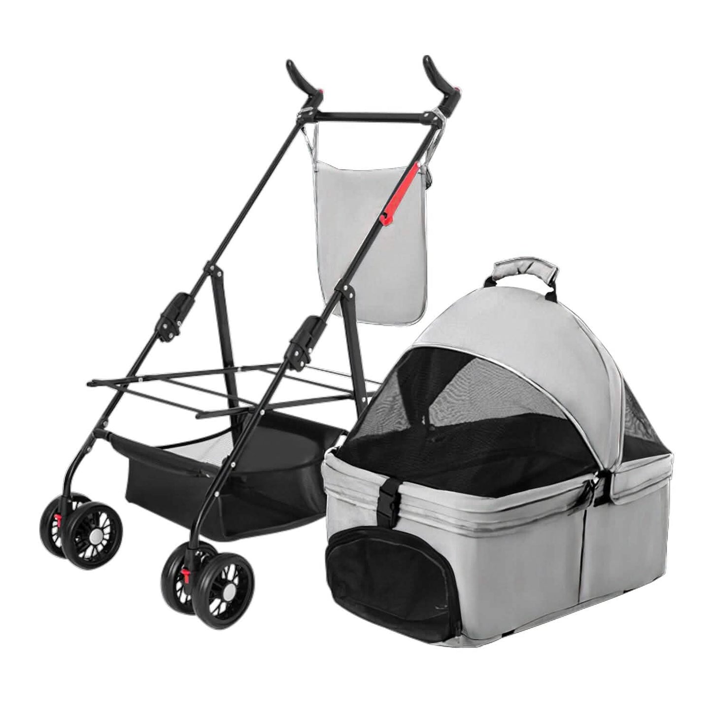 4 Wheels Pet Stroller Foldable with Removable Liner Storage Basket