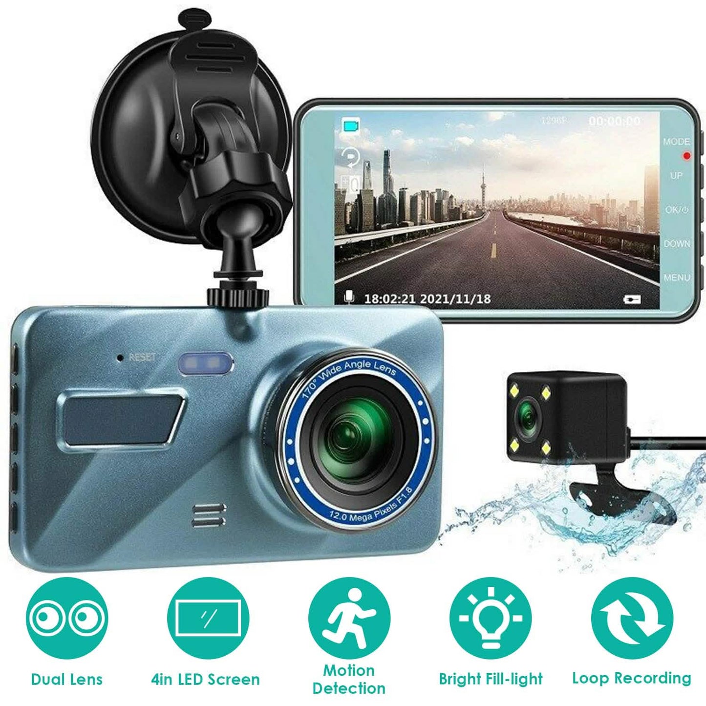720P Dual Dash Car Camera Recorder with Motion Detection Light