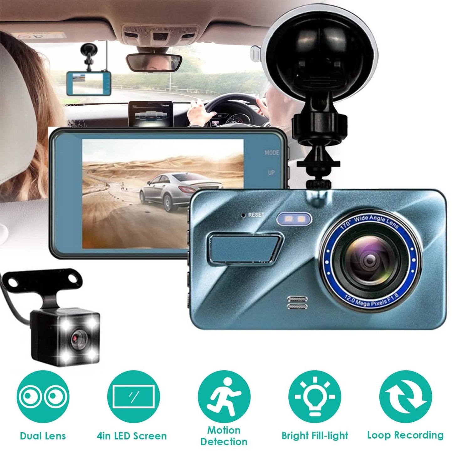 720P Dual Dash Car Camera Recorder with Motion Detection Light