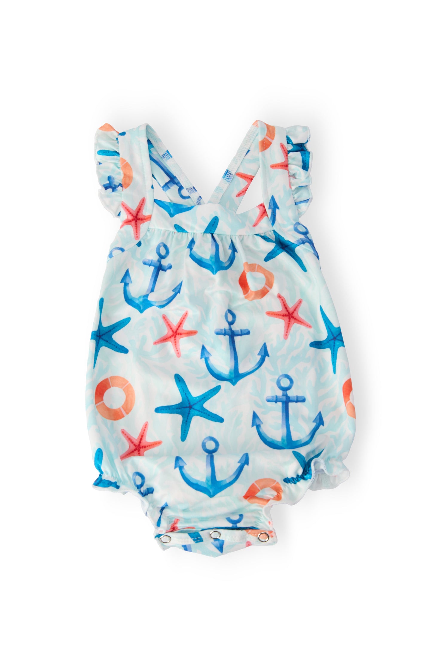Anchors Away Ruffle Cross Back Romper