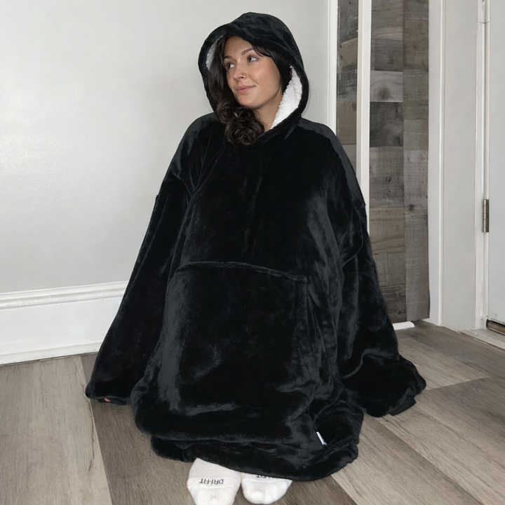 black Wearable Sherpa Blanket Hoodie oversize for Kids &amp; Adults | OLM Toys