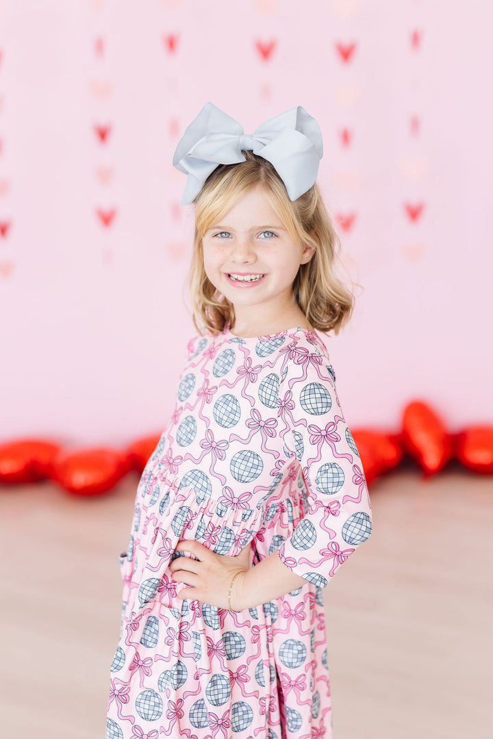 SALE Disco Bows 3/4 Sleeve Pocket Twirl Dress