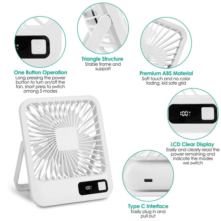 Mini Desktop Cooling Fan Rechargeable Battery Powered with LCD Display